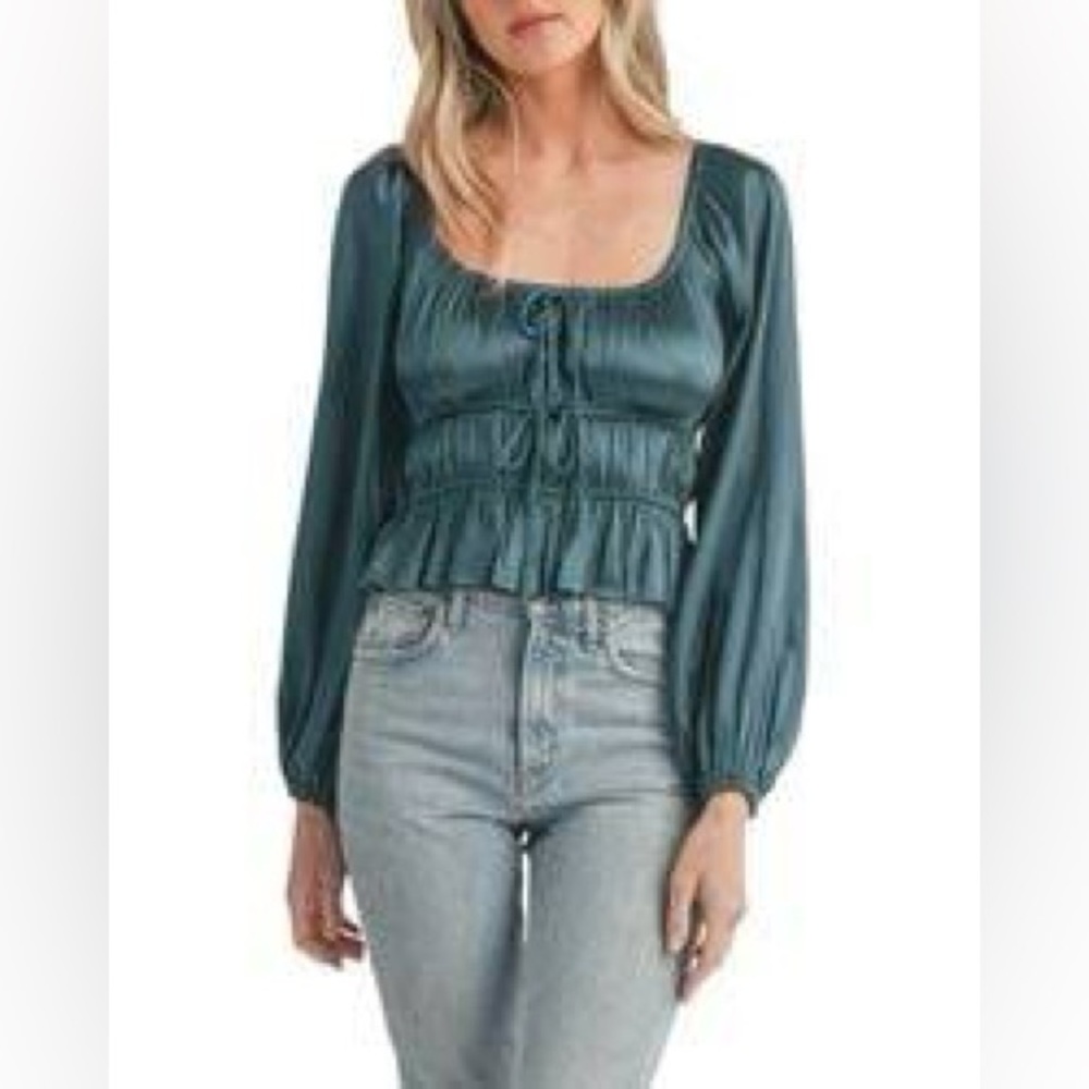 All in Favor‎ Teal Jewel Toned Satin Silky Long Sleeve Ruched Blouse Size Small